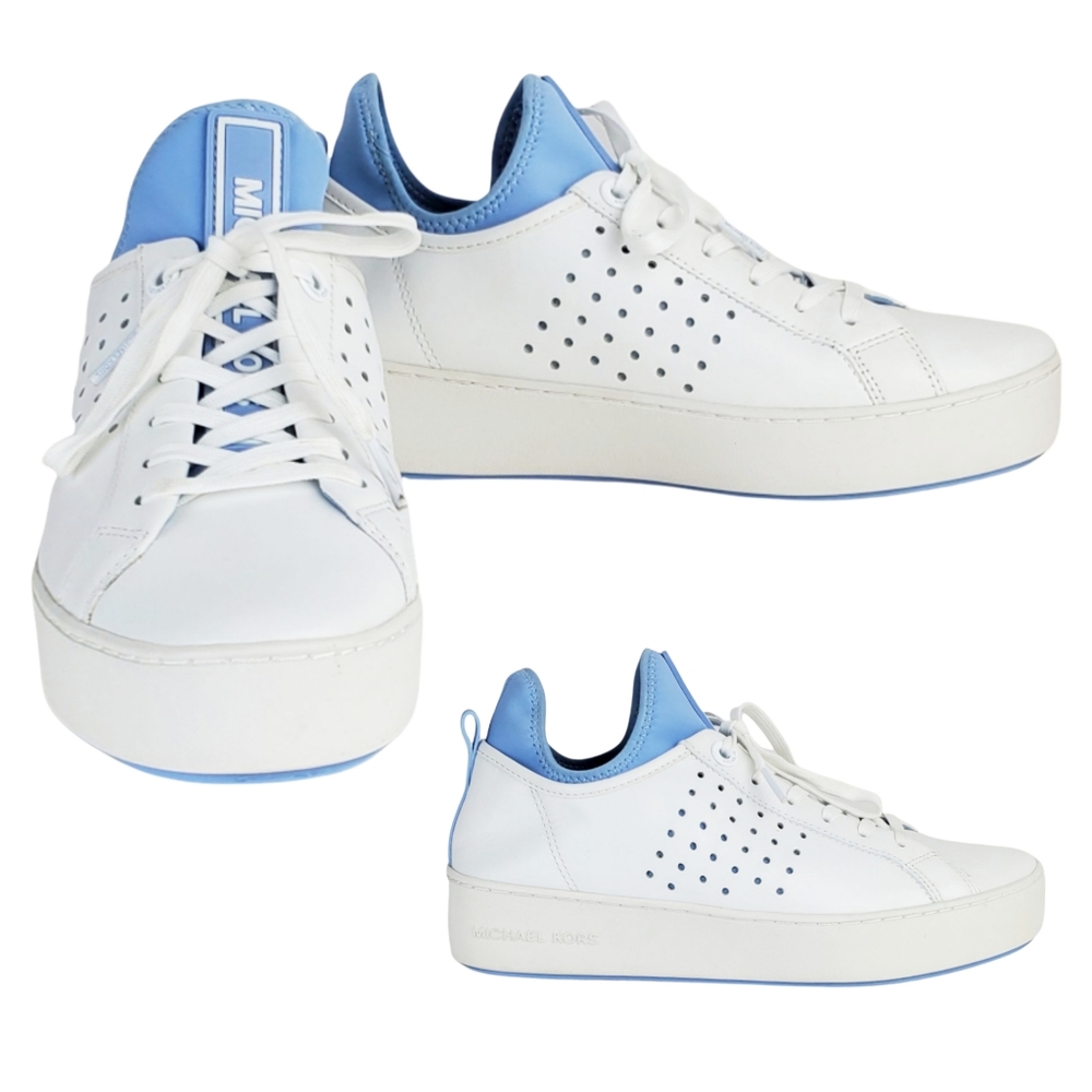 New Michael kors ace lace up lasered leather sneakers white pale blue - Picture 1 of 15